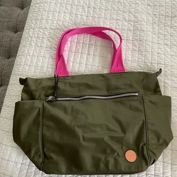 Olive Green Tote Bag with Pink Handles - Picture 5 of 5